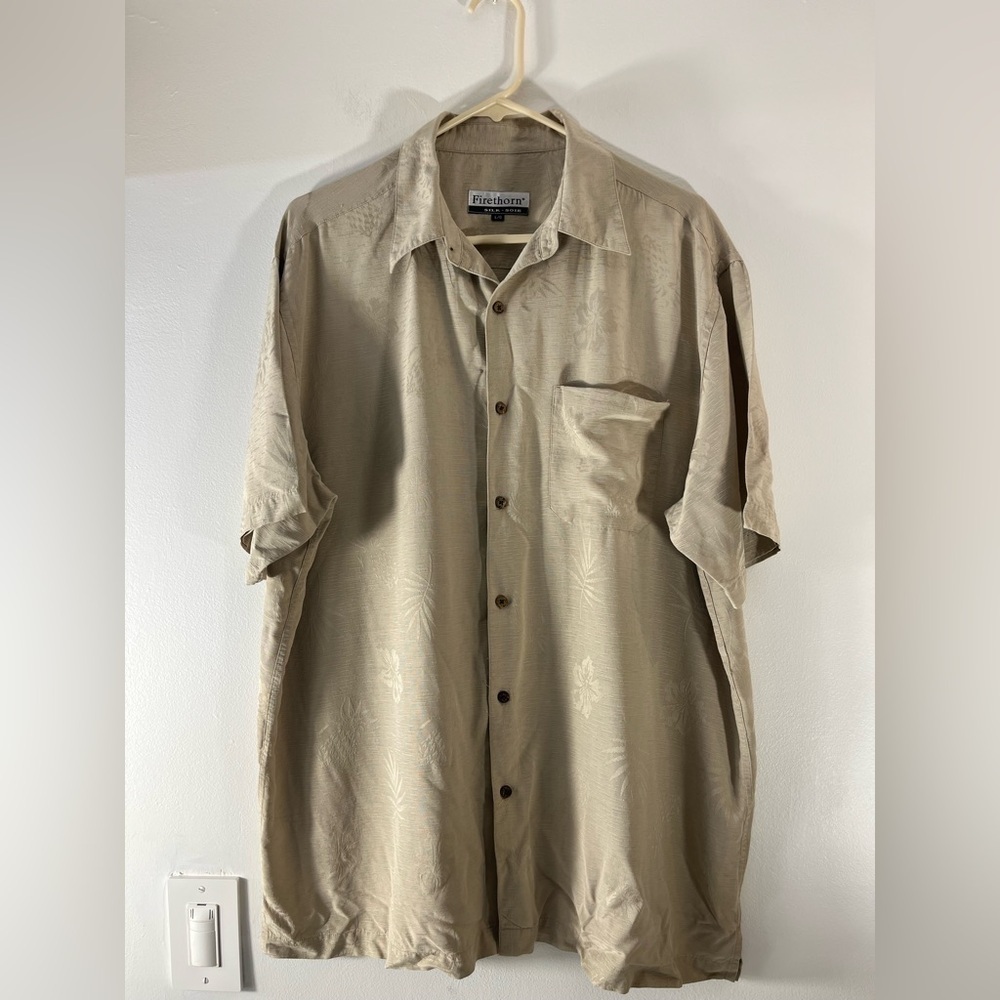 Firethorn 100% Silk Mens Size Large Hawaiian Style Button Up Shirt Hibiscus Palm